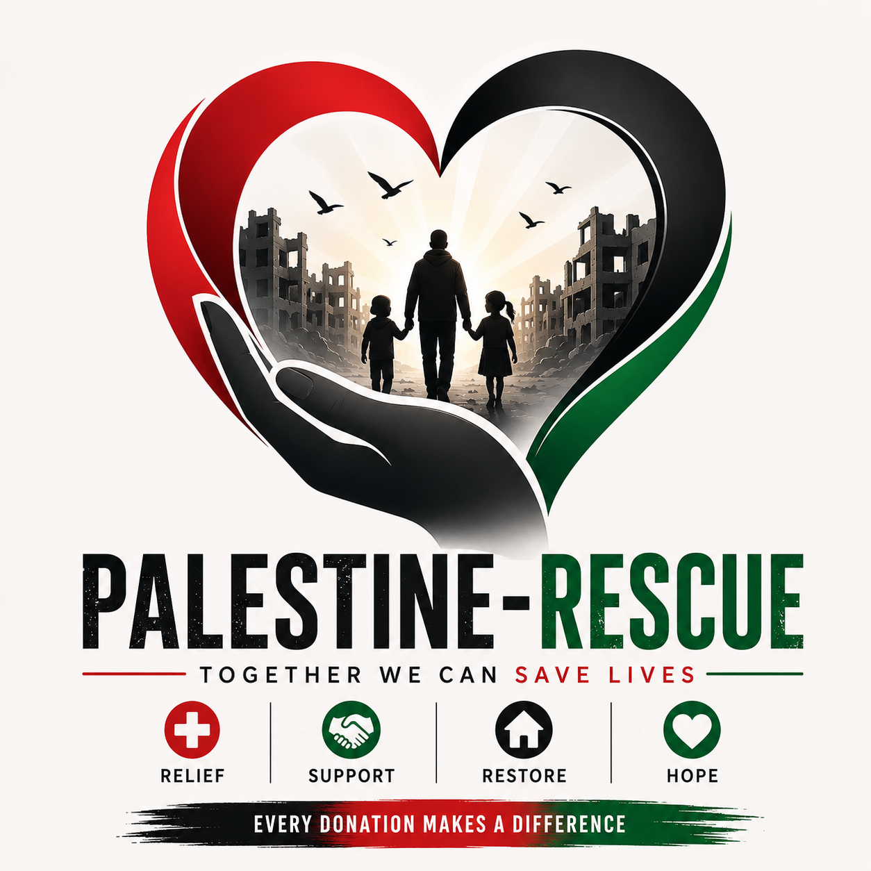 Palestine-Rescue: a hand holding a heart around a family walking through rubble in Gaza